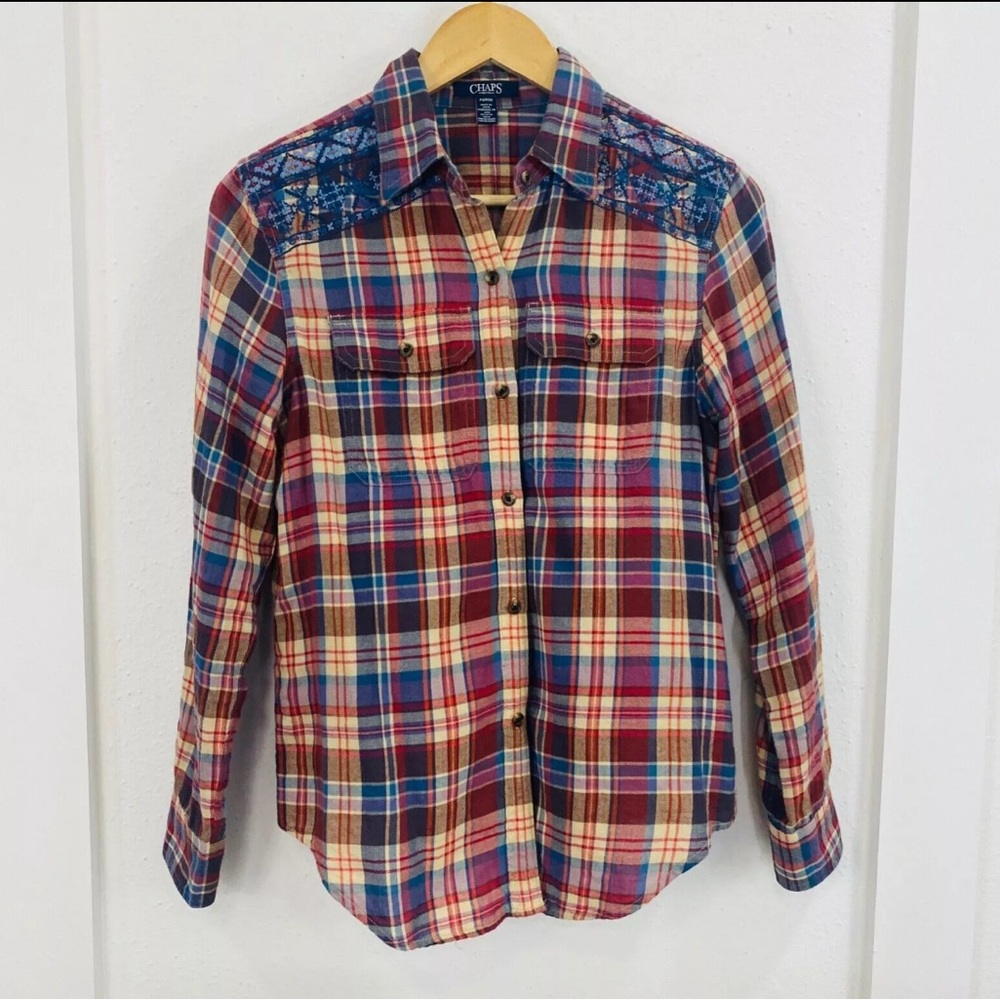 Chaps Petite Plaid Shirt Womens Sizeā PXL Red Embroidered Long Sleeve button up